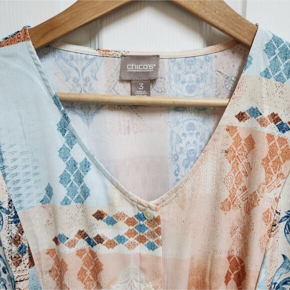 Chico's Blouse Womens XL Mixed Pattern V Neck Long Sleeve Drawstring Waist Boho - Picture 3 of 10